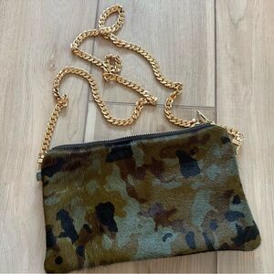 Parker and Hyde Faux Fur Camo Clutch with gold hardware-hot pink center